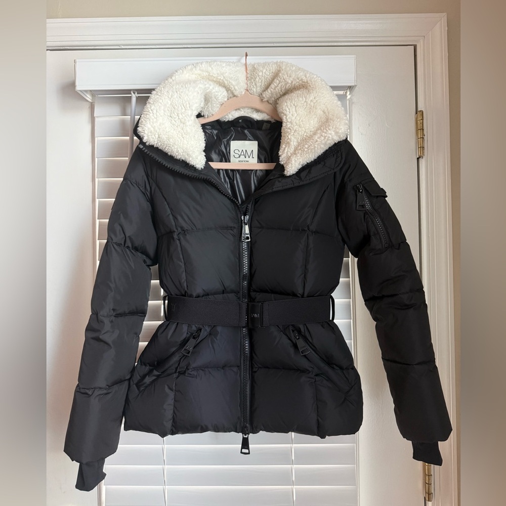 SAM. Women's Black Puffer Jacket with Belted Waist